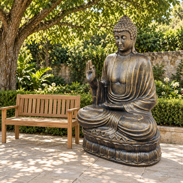 Grand Bouddha Antique en Or Enseignant sur un Lotus - 2m