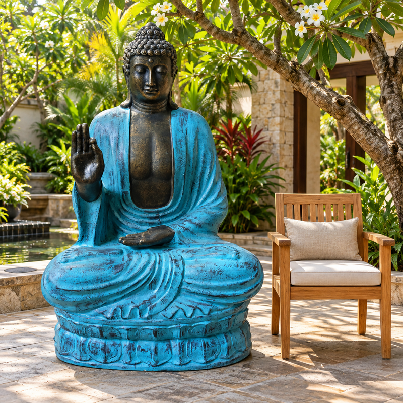 Grande Statue de Bouddha Enseignant sur Lotus en Turquoise et Pierre - 2m