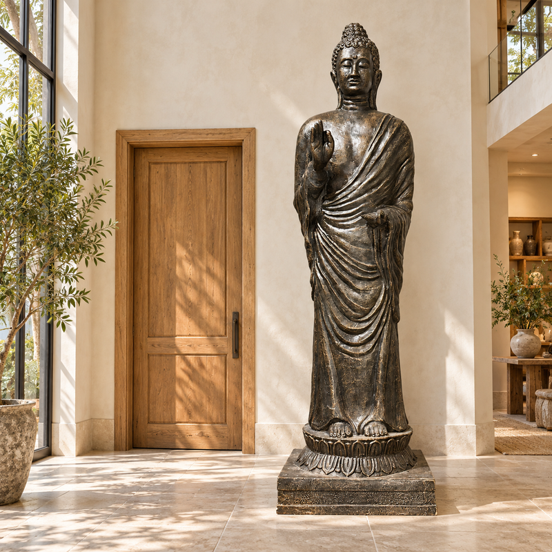 Grande Statue de Bouddha Debout en Or Antique - 3 m de haut
