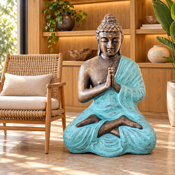 Statue Moyenne-Grande de Bouddha Priant en Turquoise et Or - 1,2m de haut