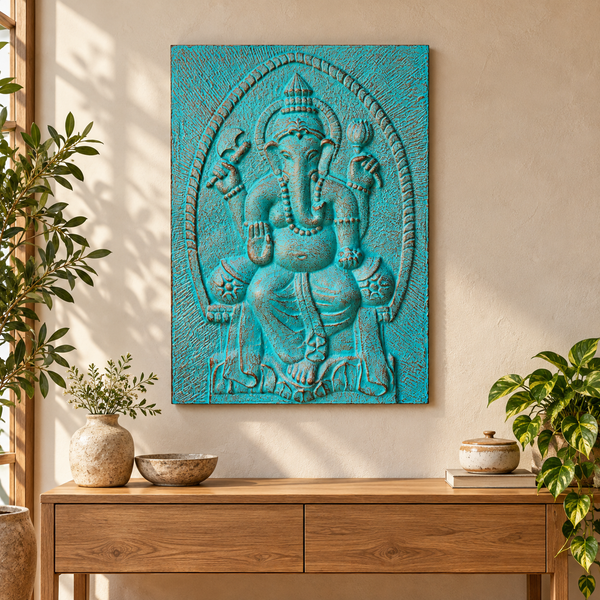 Grand Ganpati avec Cadre en ciment fibré en Relief Turquoise - 0,7x1m