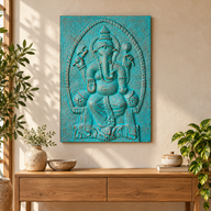 Grand Cadre Ganpati Turquoise en Relief - 0,7x1m