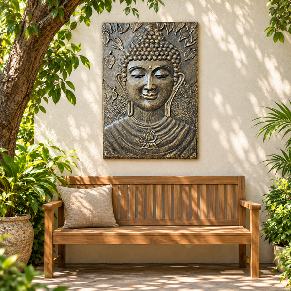 Grand Bouddha avec Cadre en ciment fibré en Relief Antique Doré - 0,7x1m