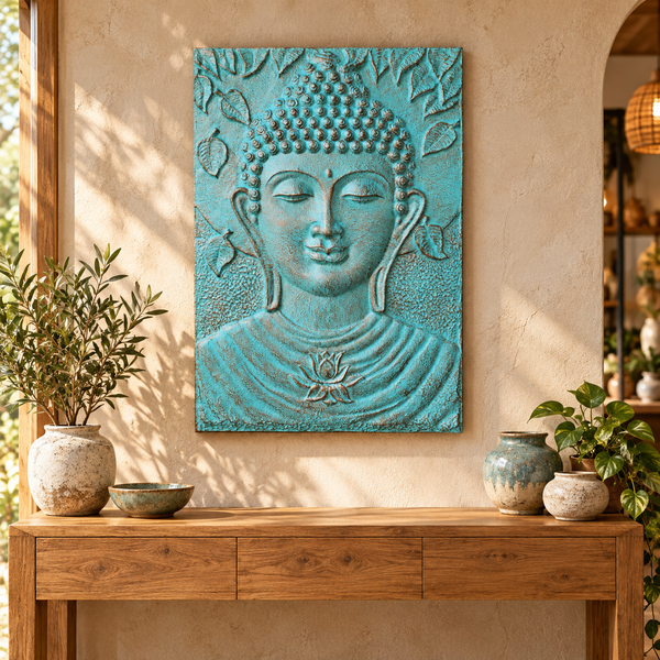 Grand Bouddha avec Cadre en ciment fibré en Relief Turquoise - 0,7x1m