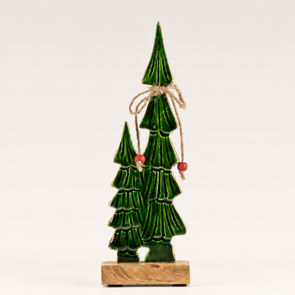Sapins jumeaux émaillés, petite décoration en bois – 25x8x2,5 cm