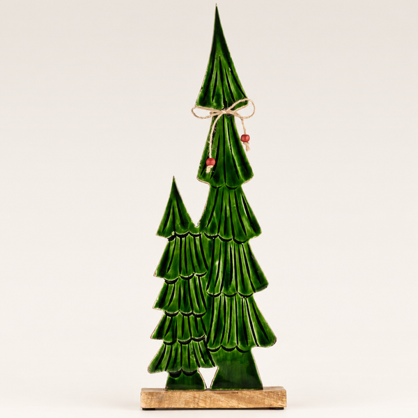 Sapins jumeaux émaillés, grande décoration en bois – 45x15x2,5 cm