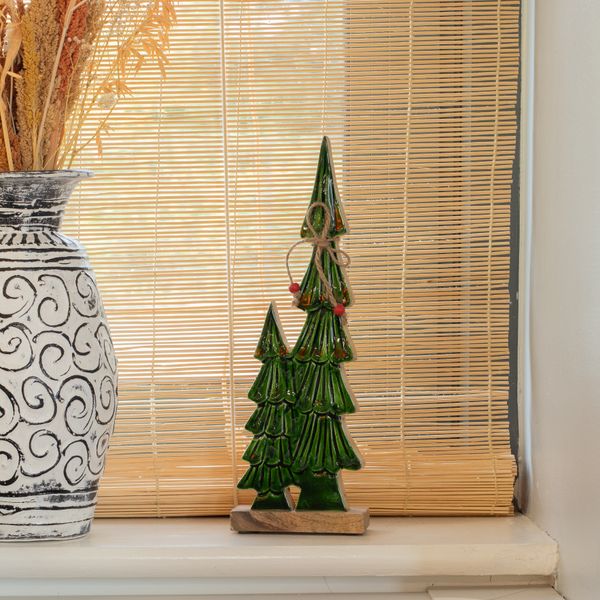 Sapins jumeaux émaillés, décoration en bois moyenne – 34x11x2,5 cm
