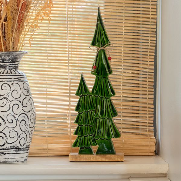 Sapins jumeaux émaillés, grande décoration en bois – 45x15x2,5 cm