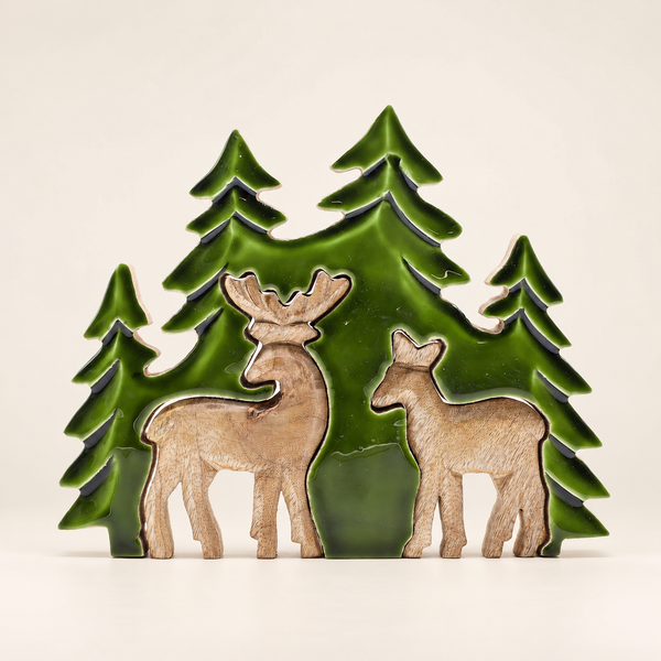 Deux cerfs dans la forêt, décoration en bois 3D – 18x23 cm