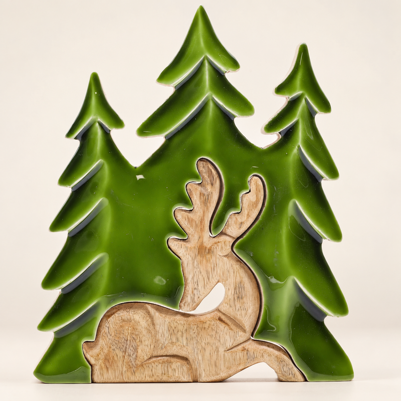 Perdu dans la Forêt - Décoration Murale 3D en Bois Cerf dans la Forêt - 23x20cm