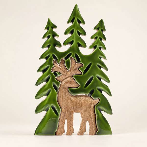 Cerf élégant et sapins, décoration en bois 3D – 25x15 cm