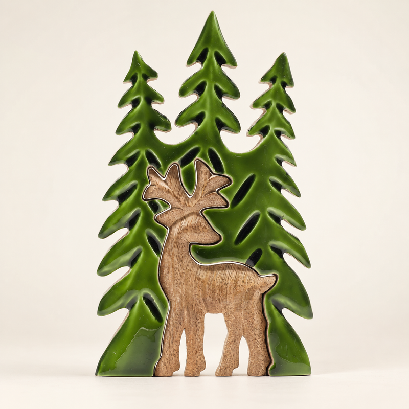 Perdu dans la Forêt - Décoration Murale 3D en Bois Cerf dans la Forêt - 25x15cm