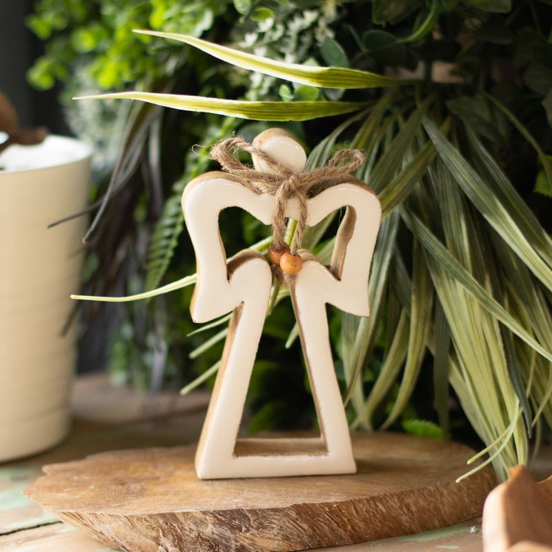 Petit Ange Halo en Bois de Manguier - Émail Blanc