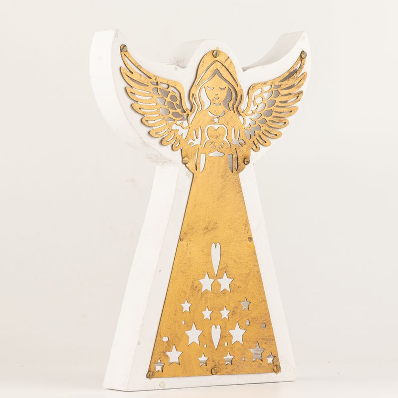 Ange en Bois de Manguier - Finition Blanchie avec Découpe Décorative en Fer - 22cm