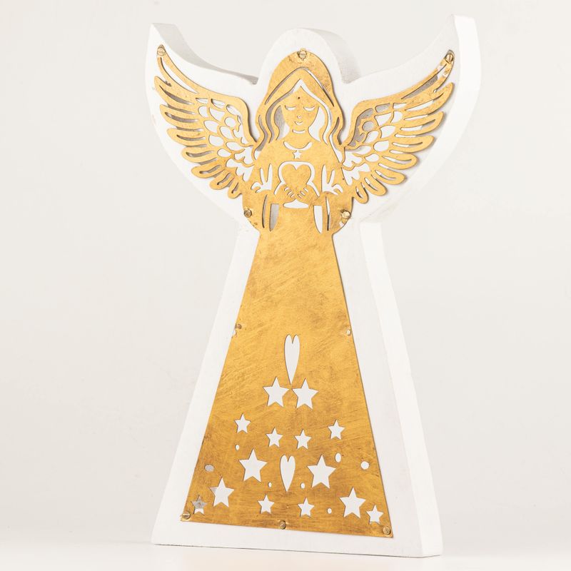Ange en Bois de Manguier - Finition Blanchie avec Découpe Décorative en Fer - 39cm