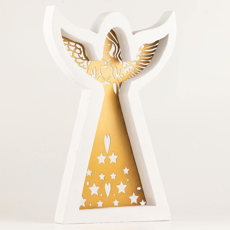 Ange en Bois de Manguier - Finition Blanchie avec Découpe Décorative en Fer - 39cm