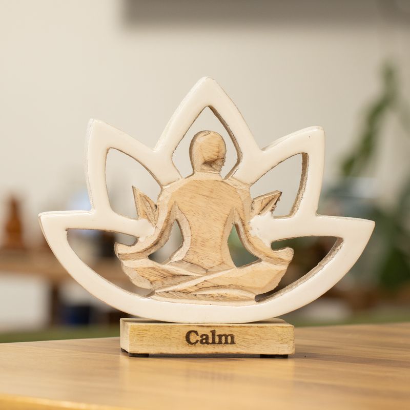 Statuette Yoga en Bois – Fleur de Lotus – Crème – Calme