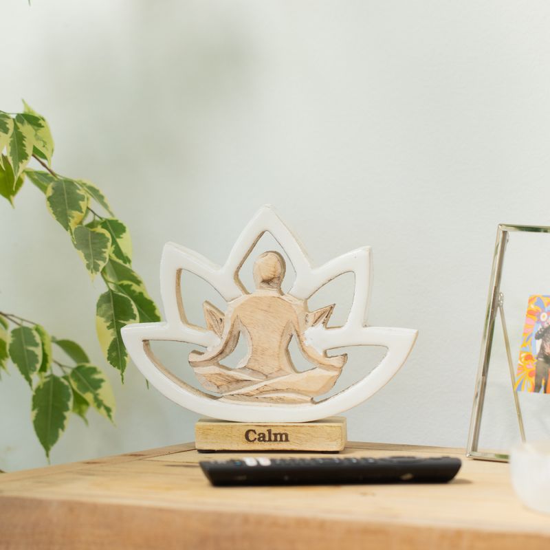 Statuette Yoga en Bois – Fleur de Lotus – Crème – Calme