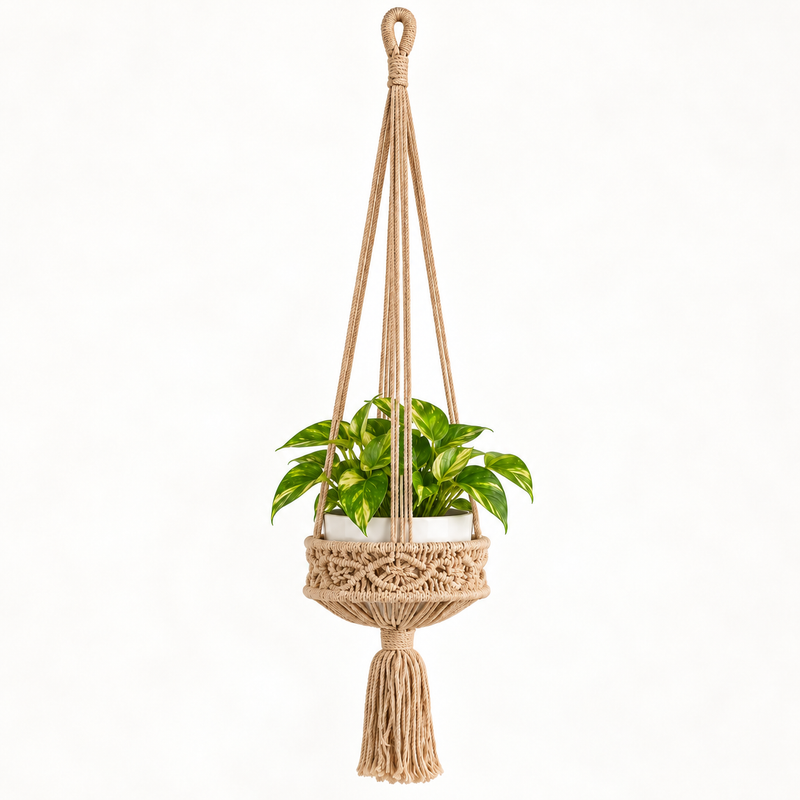 Grand Porte-Pot en Macramé - Camel
