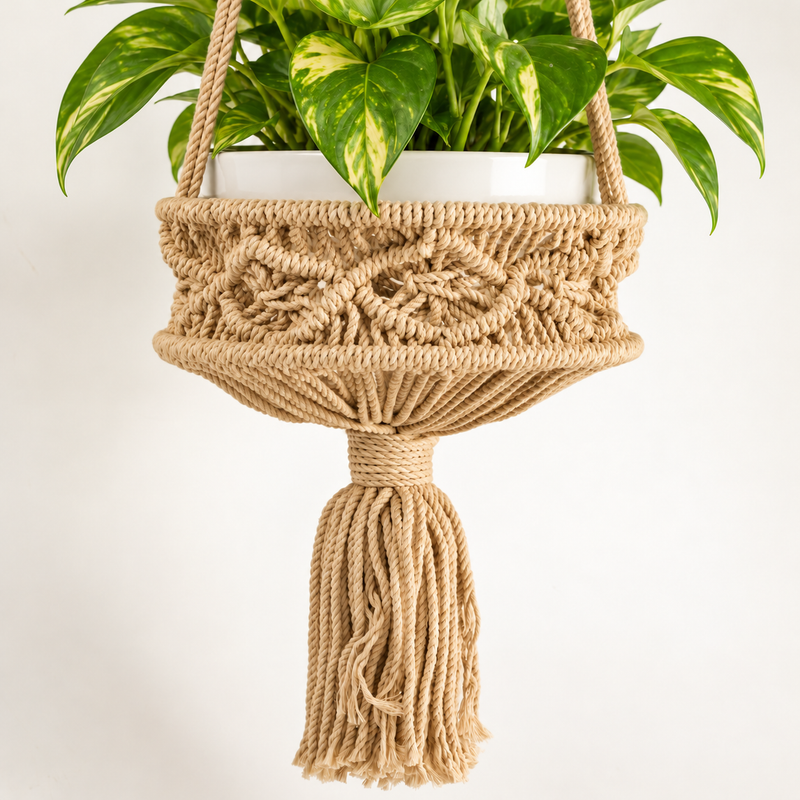 Grand Porte-Pot en Macramé - Camel