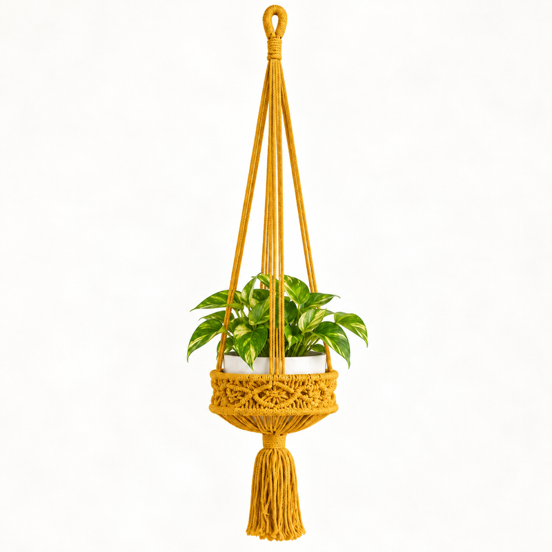 Grand Porte-Plante en Macramé - Moutarde