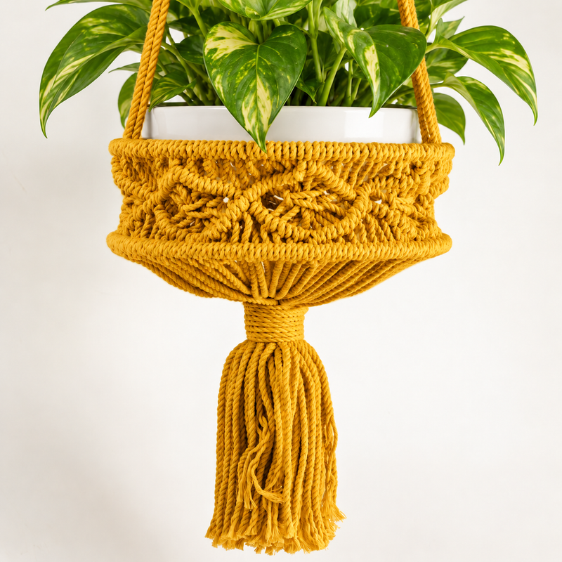 Grand Porte-Plante en Macramé - Moutarde