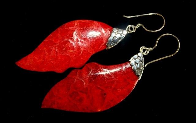 Boucle d'oreille argent 925Imitation corail - Feuille
