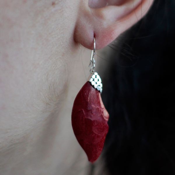 Boucle d'oreille argent 925Imitation corail - Feuille