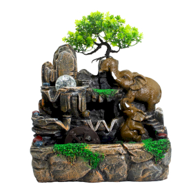 Fontaine de table – Éléphants amoureux, lumière & boule de cristal (30×20×35 cm)