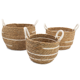 Set de 3 Paniers Grands Modèles en Coton & Jonc de Mer – Rayures Naturelles