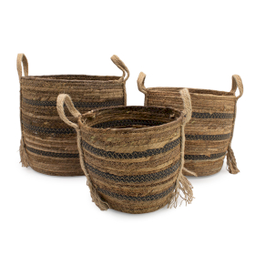 Panier Grand Modèle en Feuille de Bananier & Jonc de Mer – Tons Naturels Bruns – Set de 3