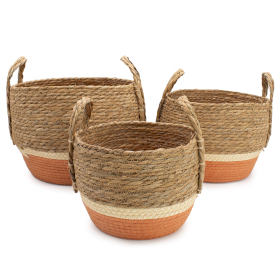 Panier Grand Modèle en Paille & Jonc de Mer – Naturel & Orange – Set de 3