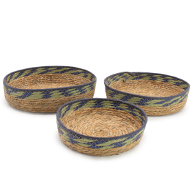 Paniers Plateau en Paille & Jonc de Mer – Naturel Vert & Bleu – Set de 3