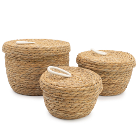Paniers Ronds en Jonc de Mer & Coton avec Couvercles – Naturel – Set de 3