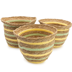 Paniers Forme Vase en Jonc de Mer & Paille – Naturel Jaune & Vert – Set de 3