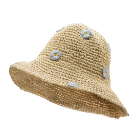 Chapeau de soleil en paille souple – Beige & Fleurs bleues