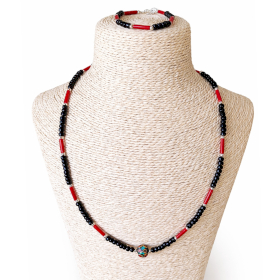 Parure Collier Om Onyx & Coralite Népalais (50 cm) & Bracelet (17 cm)