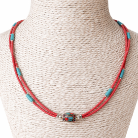 Collier Népalais Extra Fin - 2 Rangées - Pendentif Rose & Turquoise