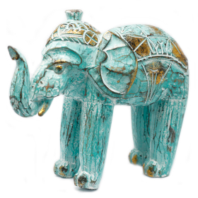 Éléphant en bois sculpté  - Turquoise / Or