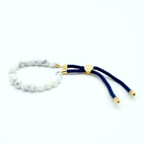 Bracelet en Gemme plaqué argent 925 - Cordon Bleu foncé - Howlite Blanche