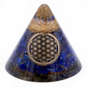 Cône Orgonite - Lapis Fleur de Vie - Quartz Suspendu - 90 mm