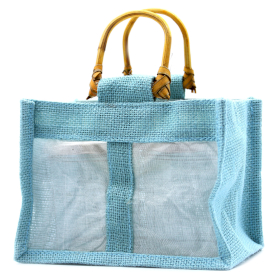 10x Sachets en Jute et Coton - 2 Fenêtres - Bleu Clair