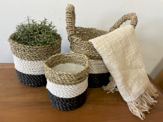 Ensemble de Paniers en Jonc de Mer - Gris Foncé / Blanc / Naturel