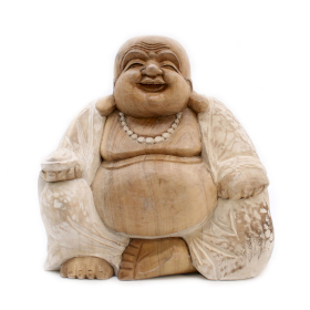 Bouddha Heureux - Blanc Délavé - 30cm