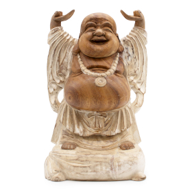 Bouddha Heureux Bras Haut - Blanc Délavé - 40cm