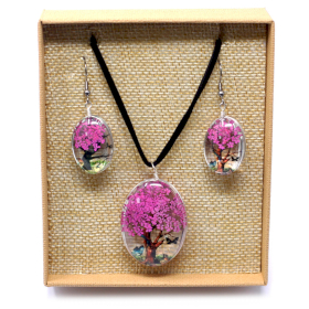 Bijoux Fleurs Pressées - Arbre de la vie Set - Rose Vif