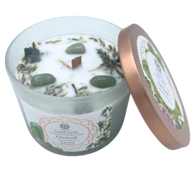 Bougie au Patchouli et Gemmes d\'Aventurine Verte -Bonne Chance