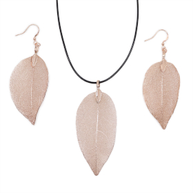 Set Collier Boucles d\'Oreilles- Feuilles en Gouttes - Or Blanc