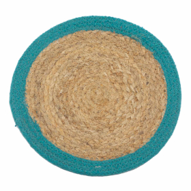 4x Set de Table Naturel - Jute & Coton 30cm - Bordure Bleu Sarcelle