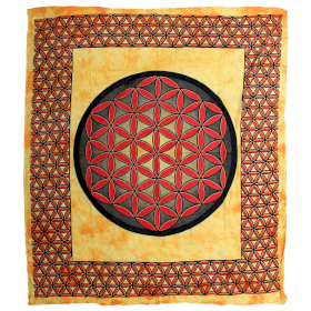 Couvre-Lit Double Coton + Tenture Murale - Fleur de Vie - Orange
